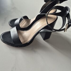 Aldo Black Ankle-Strap Block Heel Sandals with Stud Trim